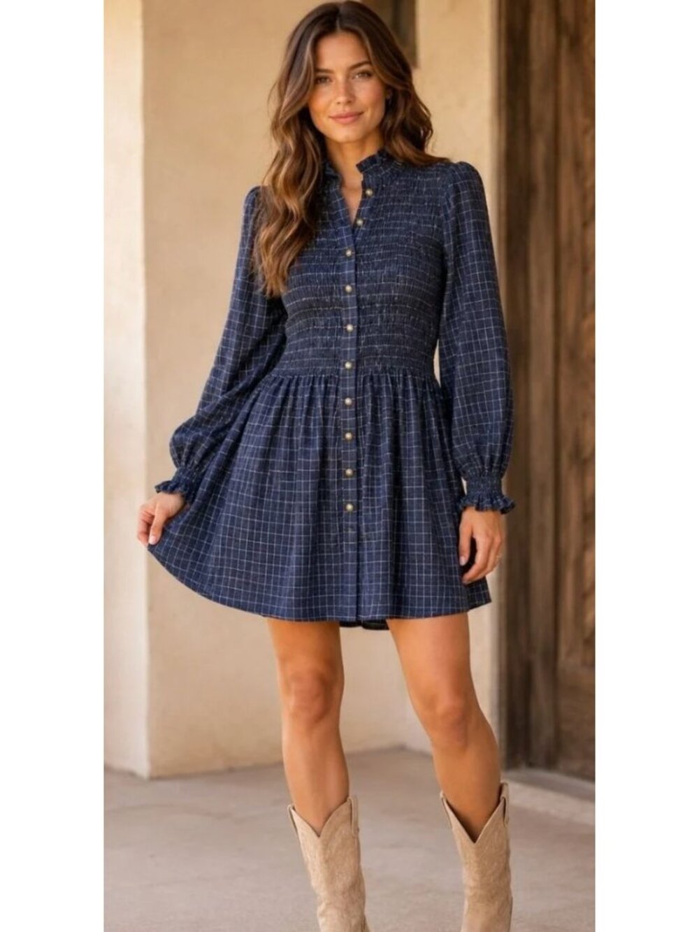 Double D Ranch Little Mary Plaid Tunic Smocked Metallic Western-sz XL